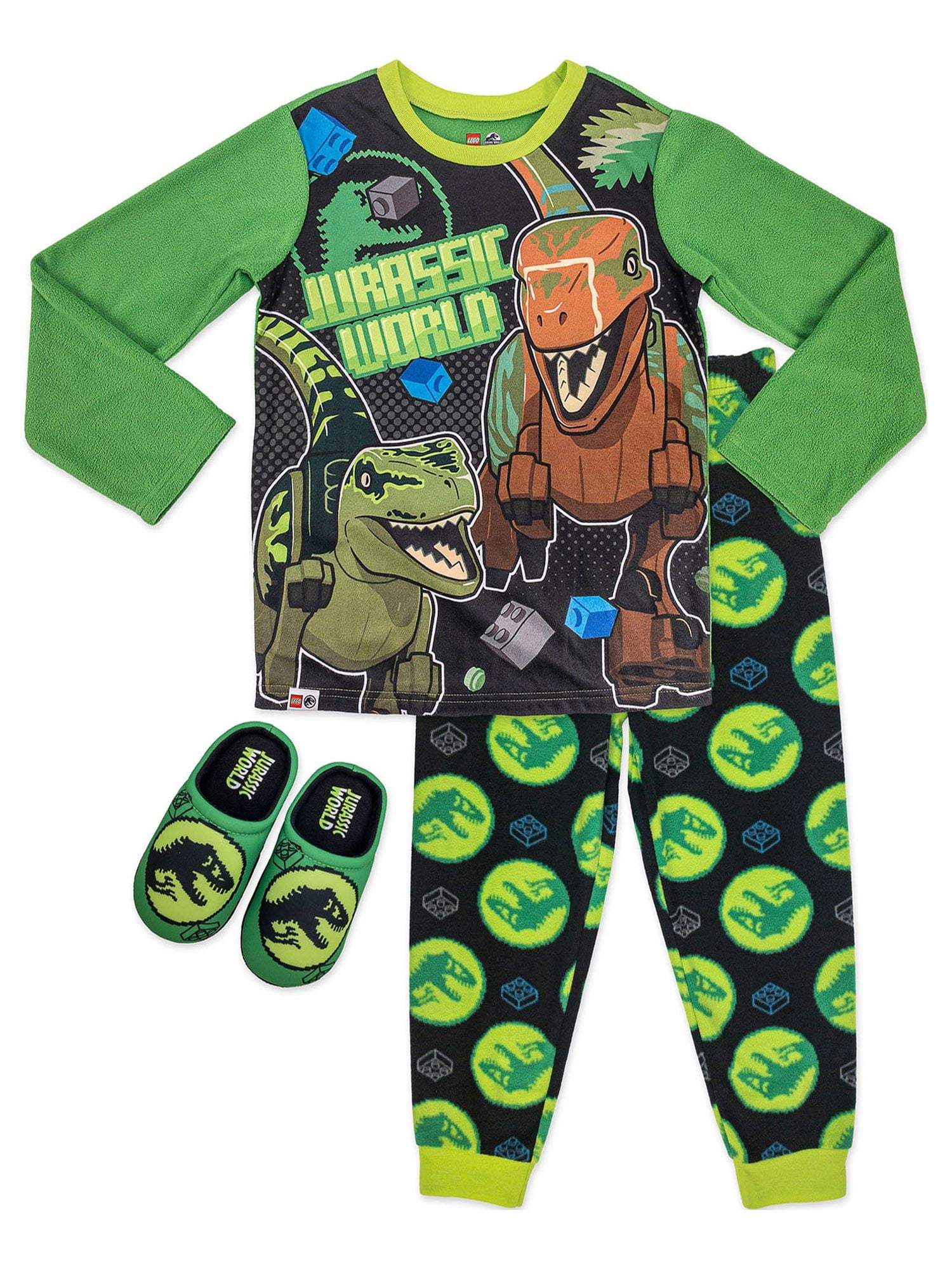Lego Jurassic World Boys Classic 2 Piece Long Sleeve and Long Pant Pajama Set with Slippers, Sizes 4-12