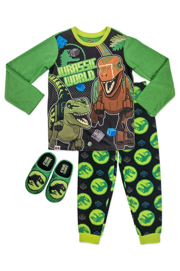 Boys Classic 2 Piece Long Sleeve and Long Pant Pajama Set with Slippers, Sizes 4-12