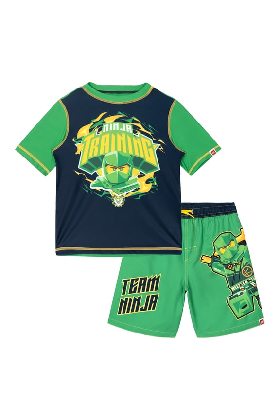 Ninjago Green Ninja Rash Guard and Swim Trunks UPF 50+ Outfit Set Little Kid to Big Kid