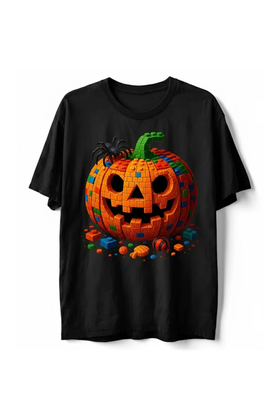 Lego Pumpkin Halloween Jack O Lantern Funny Building Block Eerie Graphic Unisex T-Shirt, up to Size 5XL
