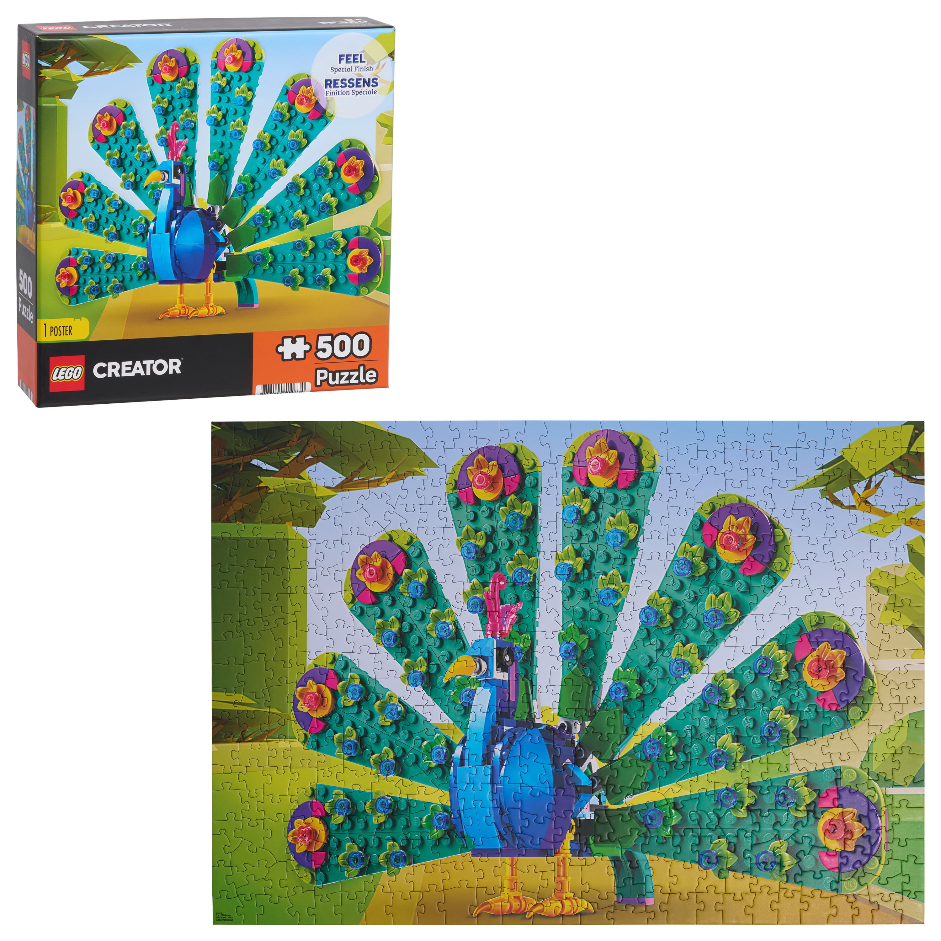 LEGO® Creator Peacock Puzzle (500 pieces), 21.25 x 15 Inches, Featuring a Colorful Peacock Design, Textured Jigsaw Puzzle with Poster, for Kids and Adults, Ages 8+