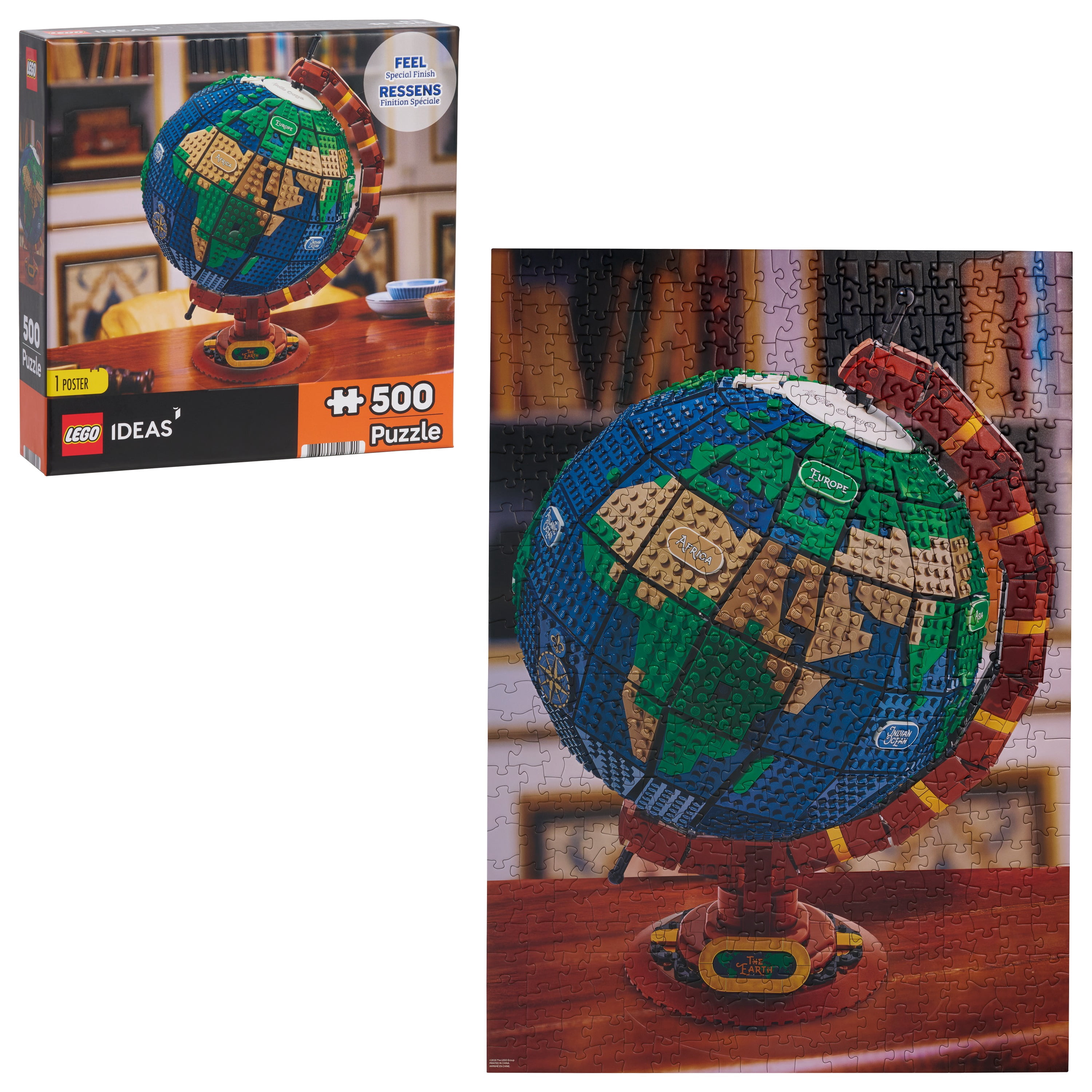 LEGO® Ideas Globe Puzzle, 500 Pieces, 21.25 x 15 inches, Featuring Detailed World Map Design, Textured Jigsaw Puzzle with Poster, LEGO® Fan Gift for Kids and Adults, Ages 8+
