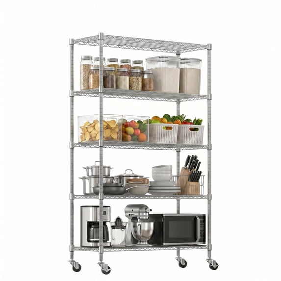 Legooin 18x46x72 inch Metal Shelving with Wheels 5-Tier Wire Rack Garage Shelf Storage Rack for Home Industrial Storage, Silver