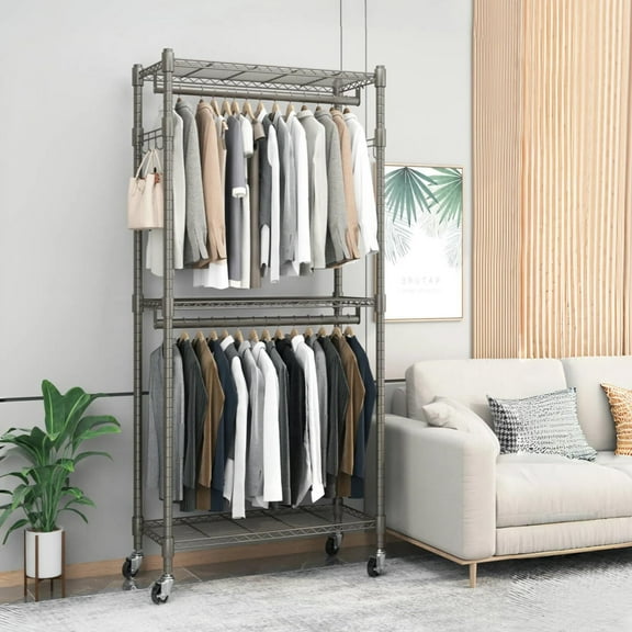 Legooin 80.7"H Metal Garment Rack with Shelves Coat Rack with Wheels Wardrobe Wire Rack 250lbs Capacity for Bedroom Laundry Room, 2 Hanging Rods & Side Hooks, Gray