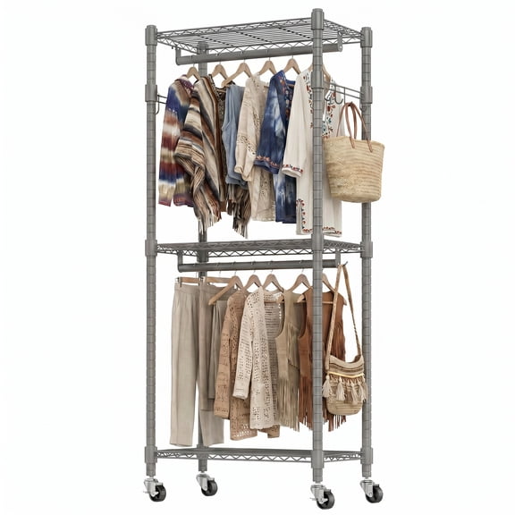 Legooin 80.7"H Metal Garment Rack with Shelves Coat Rack with Wheels Wardrobe Wire Rack 250lbs Capacity for Bedroom Laundry Room, 2 Hanging Rods & Side Hooks, Gray