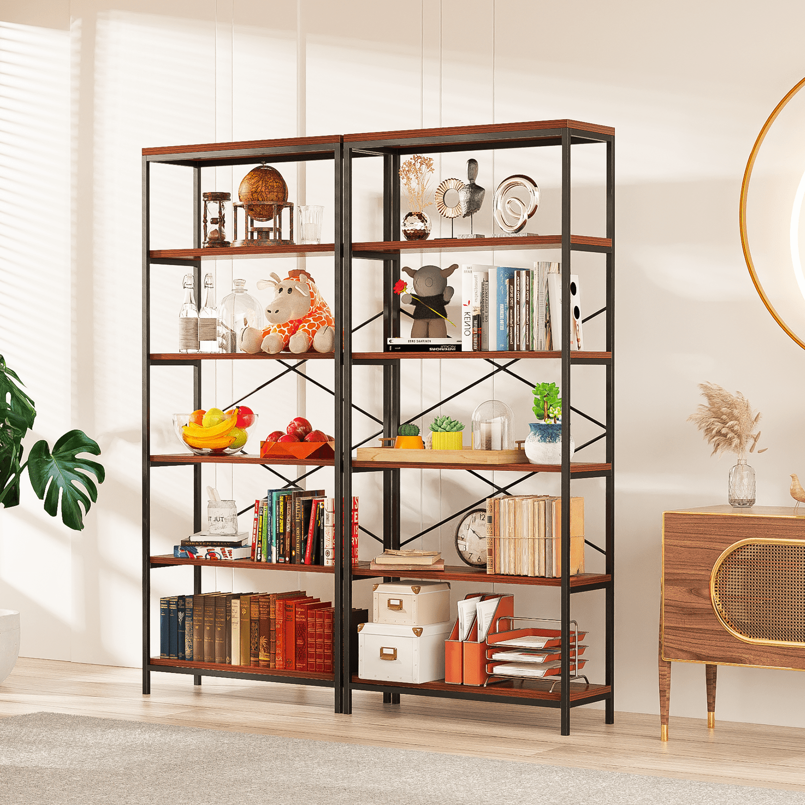Black and Brown 6-Tier Iron and Wood Bookcase Set