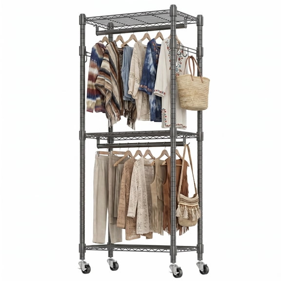 Legooin 24" x 17" x 81" Heavy Duty Clothes Rack with 3 Height Adjustable Shelves Garment Rack on Wheels Clothing Storage, Black