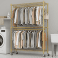 thumbnail image 1 of Legooin 47" x 18" x 81" Rolling Gold Clothes Rack with Wheels Metal Garment Rack with 2 Hanging Rods for Bedroom Balcony, Gold, 1 of 9
