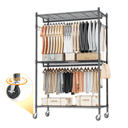 Legooin 3-Tier Heavy Duty Clothes Rack with Height Adjustable Shelves on Wheels 35.43"W Clothing Sorting Storage Shelving Unit for Bedroom Laundry, Black