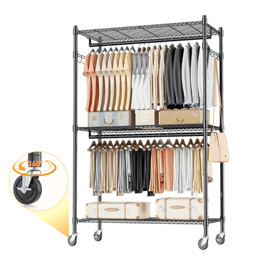Legooin 35" x 18" x 81" Rolling Clothes Rack with Double Hanging Rods Garment Rack on Wheels for Bedroom Laundry, Black