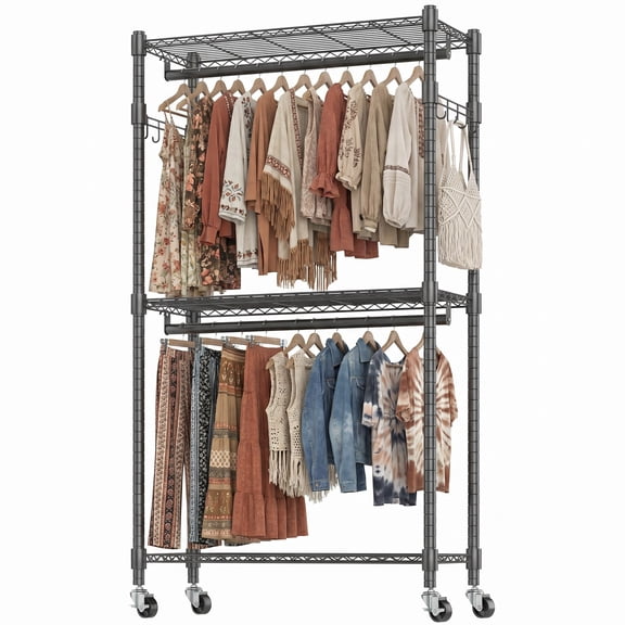 Legooin 35" x 18" x 81" Rolling Clothes Rack with Double Hanging Rods Garment Rack on Wheels for Bedroom Laundry, Black