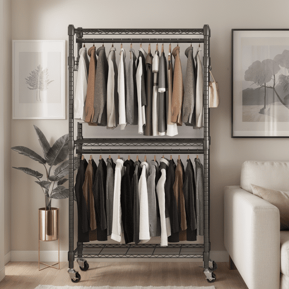 Legooin 35" x 18" x 81" Rolling Clothes Rack with Double Hanging Rods Garment Rack on Wheels for Bedroom Laundry, Black