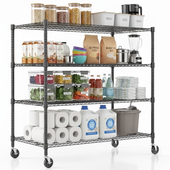 Legooin 4-Tier Rolling Heavy Duty Garage Shelving Unit Industrial Storage Rack Metal Wire Shelf Storage Rack on Wheels, 24"D x 48"W x 72"H, Black