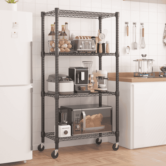 Legooin 4-Tier Kitchen Storage Rack Shelving Unit with Wheels 30"x14"x72", Black