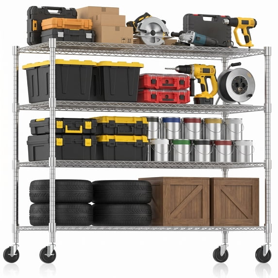Legooin 24x60x72 inch Heavy-Duty Shelving for Garage Storage 4-Tier Industrial Shelf on Wheels Metal Storage Rack Capacity for 2600 lbs, Silver