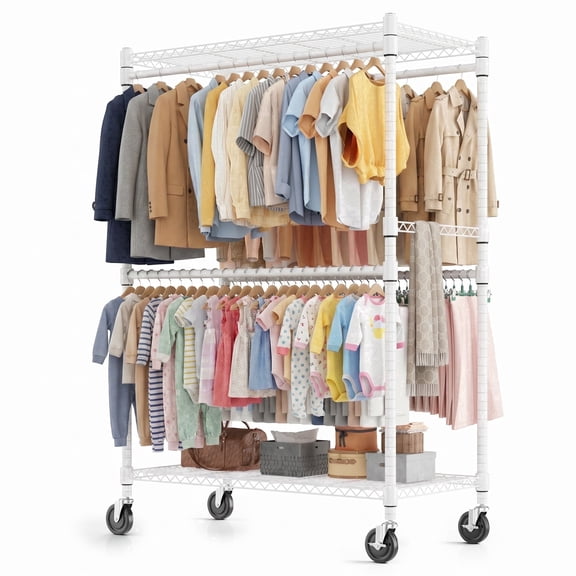 Legooin 45x20x80 inch Heavy Duty Clothes Rack Rolling Garment Rack Height Adjustable Wire Shelf for Clothes Storage with 4 Hanging Rods, White