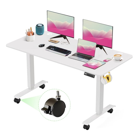 Legooin 48x24 Inches Sit-Stand Desk Home Office Mobile Workstation Wooden Standing Desk with Alloy Steel Frame, 4 Memory Height 28"-45", White