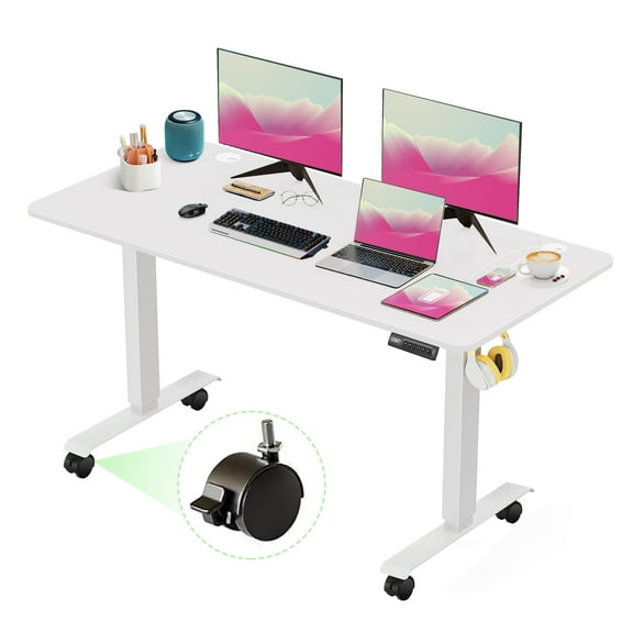 Legooin 48x24 Inches Sit-Stand Desk Home Office Mobile Workstation Wooden Standing Desk with Alloy Steel Frame, 4 Memory Height 28"-45", White