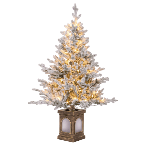 Legooin 4FT Snow Flocked Potted Tree Pre-Lit Christmas Tree Artificial Tree with Frosted Pot Base for Indoor Outdoor Xmas Décor, Flocked Green