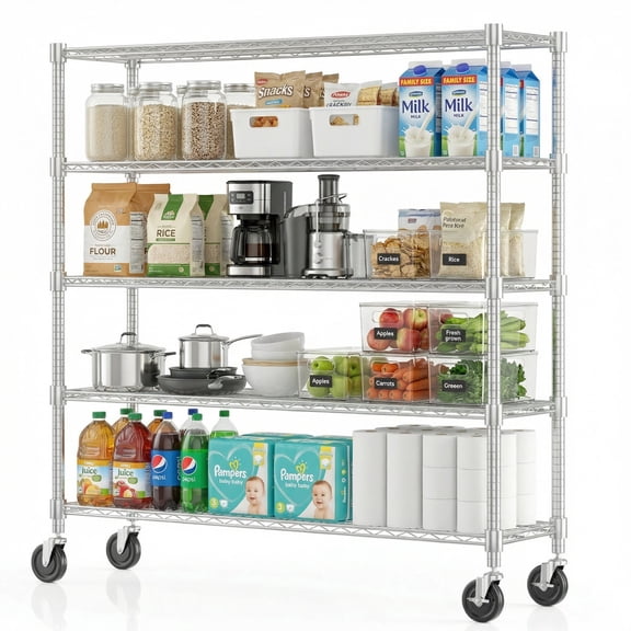 Legooin 5-Tier Garage Shelving Unit on Wheels 60"W x 18"D x 82"H Industrial Storage Rack Heavy Duty Wire Shelves, Silver