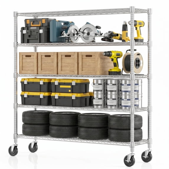 Legooin 5-Tier Garage Shelving Unit on Wheels 60"W x 18"D x 82"H Industrial Storage Rack Heavy Duty Wire Shelves, Silver