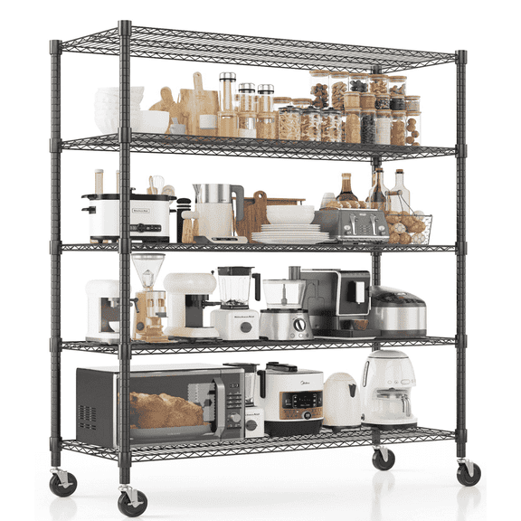 Legooin 5-Tier Rolling Heavy Duty Shelving Unit Metal Shelf Commercial Utility Rack for Garage Warehouse Pantry 18x48x82 inch 2500LBS Capacity, Black