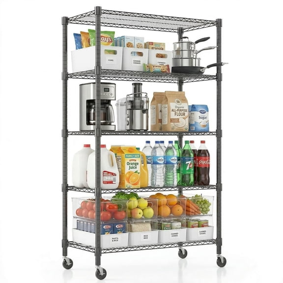 Legooin 5-Tier Storage Wire Shelf on Wheels 36"W x 18"D x 82"H Adjustable Shelving Unit Organizer Rack for Pantry Kitchen Bathroom, Black