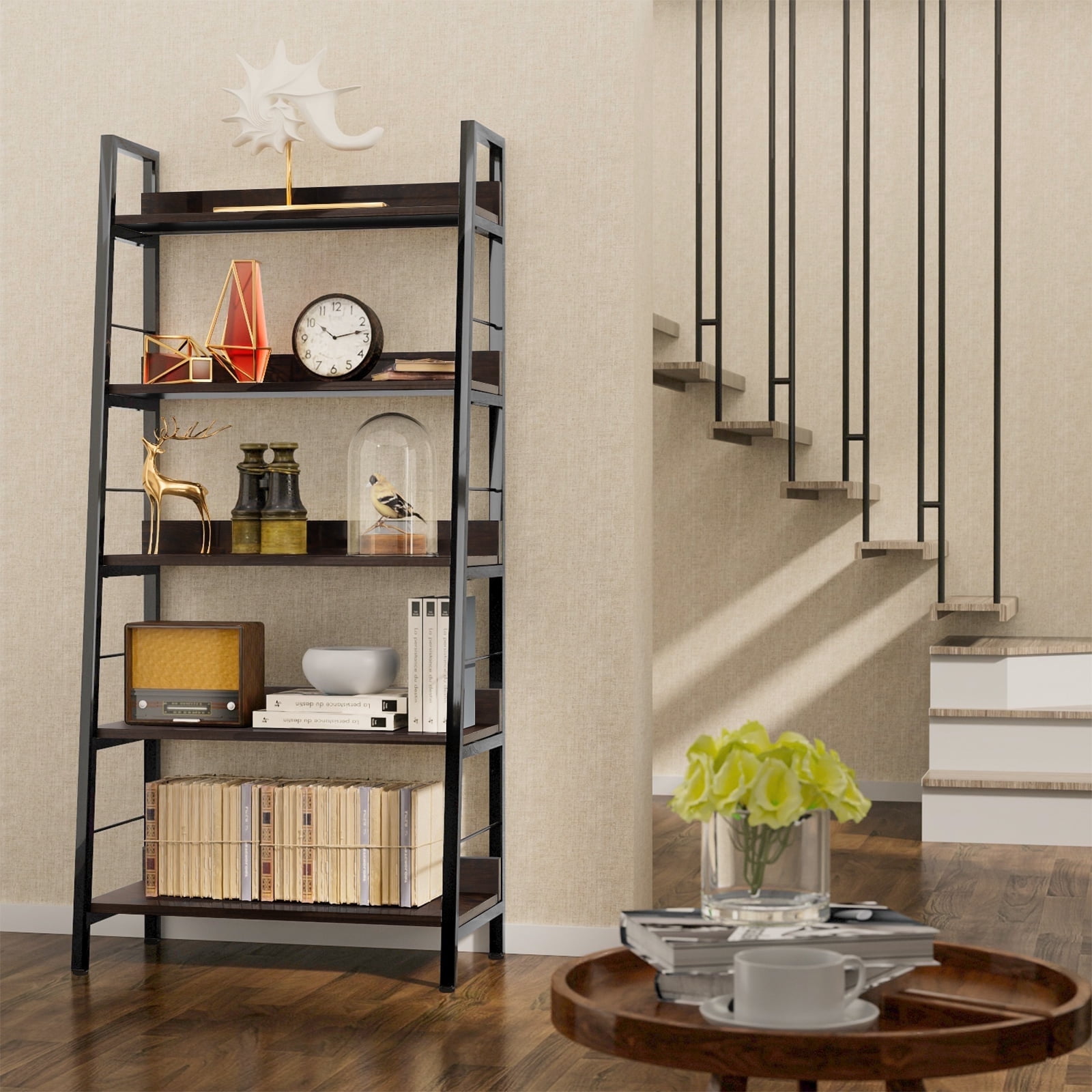 Legooin 5-Tier Industrial Ladder Bookshelf - Bookcase with Wood Shelves and Metal Frame, Plant Stand Storage Rack for Home Decor Office Living Room Kitchen, Walnut