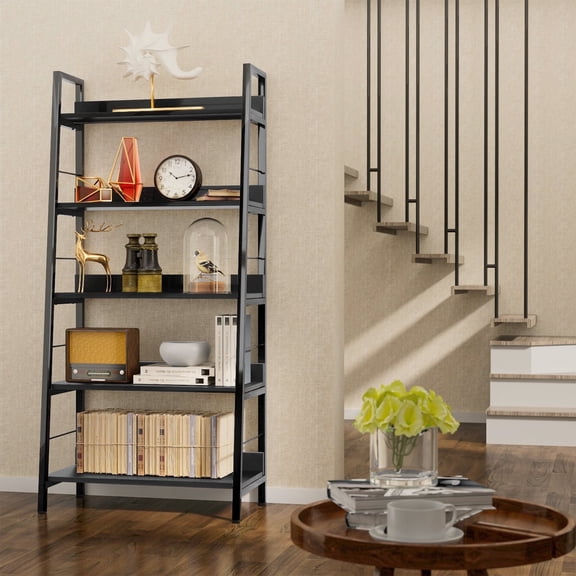 Legooin 5-Tier Modern Ladder Bookcase with Wood Shelves Metal Frame, for Office Home Kitchen Pantry Living Room, Black
