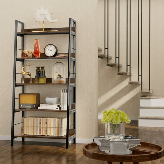 Legooin 5-Tier Large Storage Rack with Wooden Shelves Bookcase, Rustic Ladder Bookshelf, for Kitchen Living Room Balcony Office, Rustic Brown