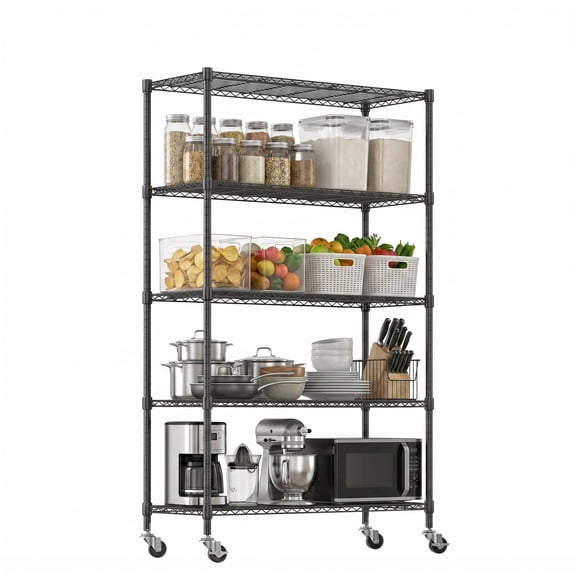 Legooin 5-Tier Rolling Storage Shelf Utility Rack Wire Shelving Unit Organizer Rack for Garage Kitchen Pantry 46"W x 18"D x 72"H 1000lbs Load Capacity, Black
