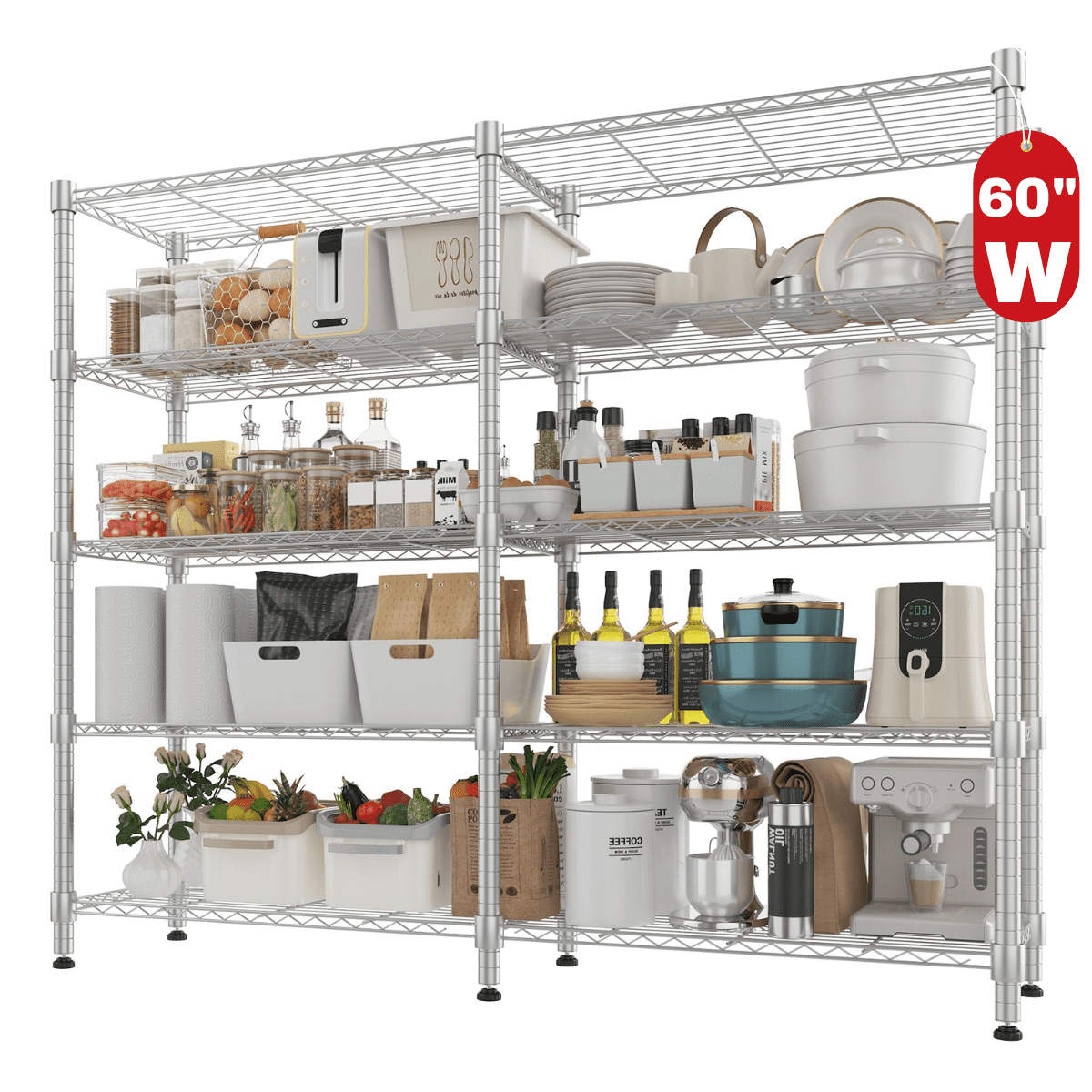 Legooin 5-Tier Garage Rack for Storage Wire Cube Storage Rack Height Adjustable Corner Shelving Unit for Pantry Balcony 60"W x 14"D x 72"H, Silver