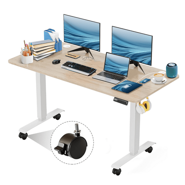 Legooin 55"W Mobile Adjustable Height Gaming Desk Smart One-Click Lift Standing Table, Oak