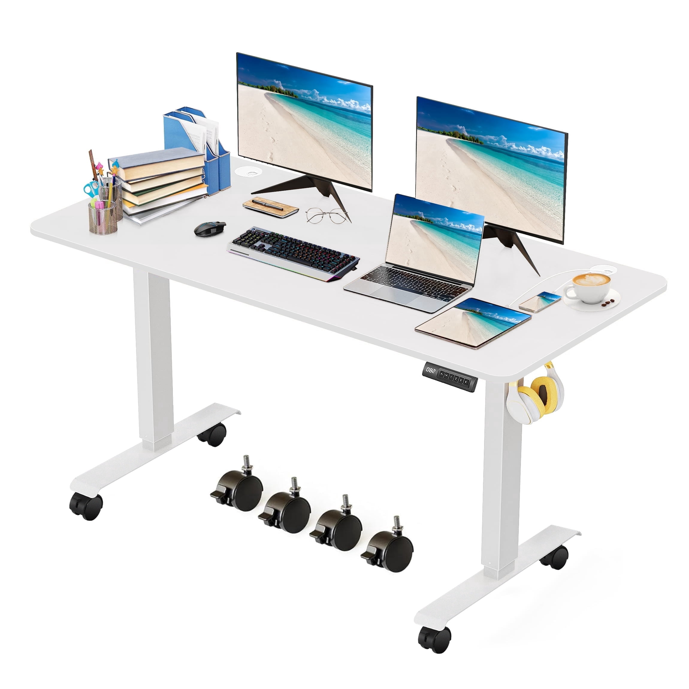 Legooin 55"W x 24"D Mobile Standing Desk with Pre-set Height Function 28"-45" Height Adjustable Computer Table for Multi Monitors, White
