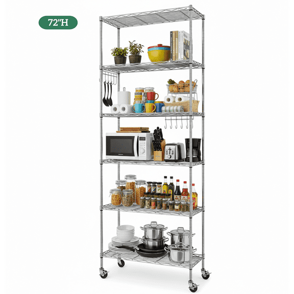 Legooin 6-Tier Storage Rack with Wheels Metal Shelf for Kitchen Bathroom 21"W x 11"D x 72"H, Silver