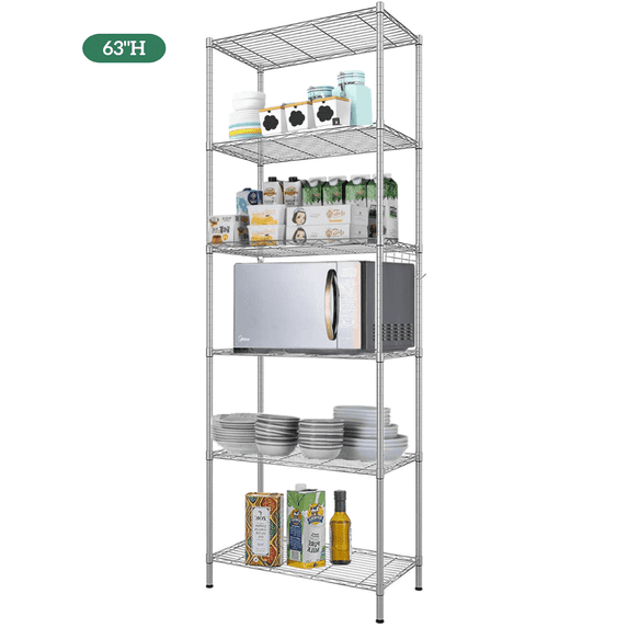 Legooin 21x12x63 inch Metal Storage Rack Wire Shelving Unit Utility Rack Kitchen Organizer Pantry Shelf 530lbs Load Capacity, Silver