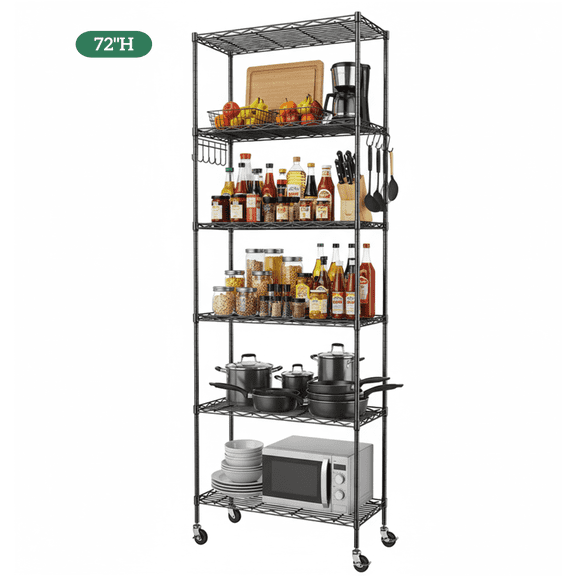 Legooin 21"W x 11"D x 72"H Rolling Storage Rack Wire Shelf Metal Shelving Unit with Wheels for Kitchen Pantry Bathroom, Black