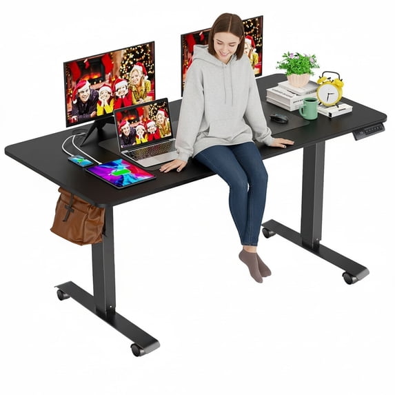 Legooin 63x24 Electric Stand-up Desk Wooden Office Table with alloy Steel Frame Standing Desk on Wheels Lift Control for Multi Monitors, Black