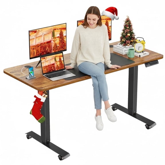 Legooin 63"W x 24"D Ergonomic Stand-up Table Height Adjustable Standing Desk with on Wheels Wooden Desktop Office Desk for Multi Monitors, Brown