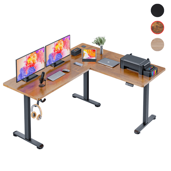 Legooin 63"W L-Shaped Standing Desk Adjustable Workstation 28"-46"H for Home Office Gaming Room, Brown