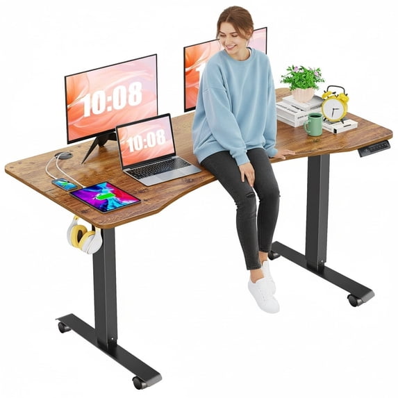 Legooin 63x24 Mobile Liftable Gaming Desk with Headphone Hook Cable Management, Brown