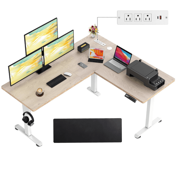 Legooin 63x55 inch L-Shaped Electric Standing Desk Sit Stand Workstation with Power Strip, Height Adjustable Office Desk for Multiple Computers, for Gaming Room Office Home, Oak