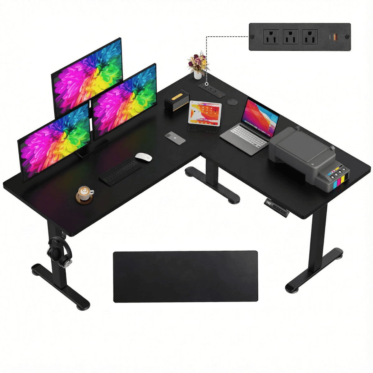Legooin 63x55 inch L-Shaped Standing Desk with Power Strip, Height Adjustable Computer Desk for Multi-Device Setup, with Headphone Hook and Cable Management, for Home Office Dorm, Black