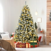 Legooin 6FT Snow Flocked Prelit Christmas Tree with 800 PVC Tips+300 Warm White LED Lights, Hinged Artificial Xmas Tree, Green