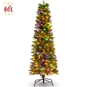Legooin 6ft Pre-lit Pencil Christmas Tree with 250 Colored Lights+570 PVC Branch Tips Slim Green Artificial Christmas Tree Holiday Ornaments, 2.2ft Dia