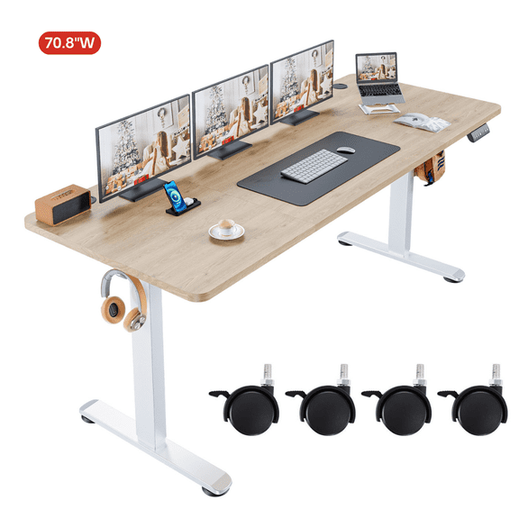 Legooin 70"W Extra Wide Sit-Stand Desk Mobile Gaming Table with USB Port for Home Office, Oak