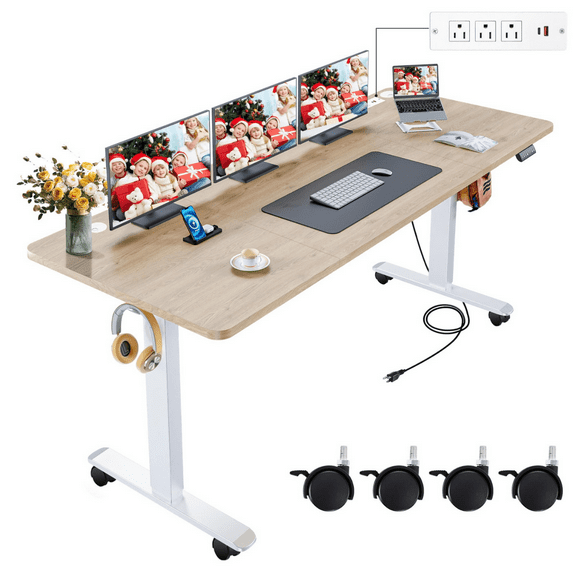 Legooin 70x27 inch Sit Stand Desk Rolling Standing Desk with Power Strip Height Adjustable Office Table Mobile Workstation for Home Office, Oak