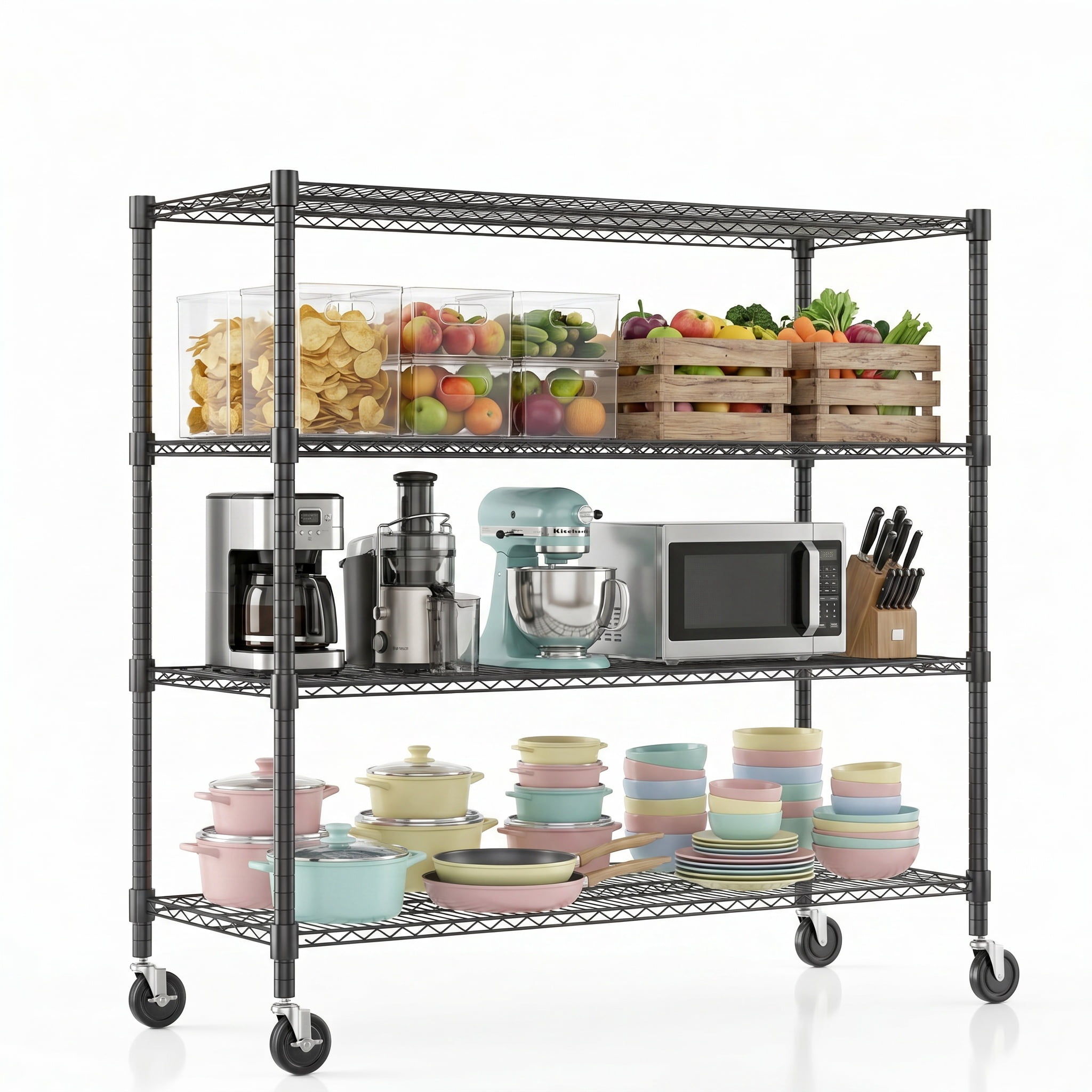 Legooin 48x18x72 inch Heavy Duty Wire Shelf on Wheels Garage Shelving Unit Industrial Shelf Residential Storage 2000lbs Capacity, Black