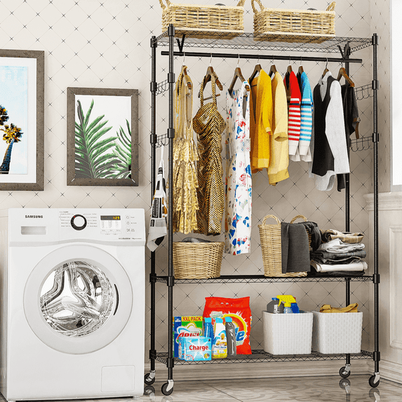 Legooin Metal Clothes Rack with Height Adjustable Shelves Freestanding Heavy Duty Garment Rack on Wheels Wardrobe with Wire Rack Double Hanging Closet Rods, Black