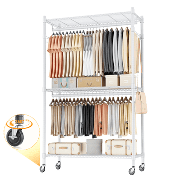 Legooin Heavy Duty Metal Garment Rack with Wheels Freestanding Clothing Rack with Double Hanging Rods 35" x 18" x 81", White